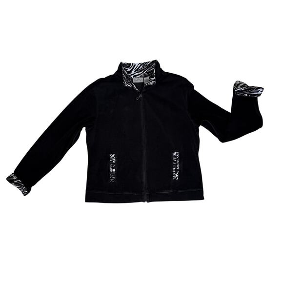 Black Velour Zebra Trim Jacket Women's XL Mobwife Glam Y2K Pockets Full Zip SEE - Picture 2 of 10